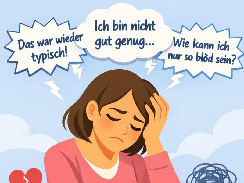 innerer-kritiker-tipps Manga mit Frau zu Bye bye innerer Kritiker und Denkblasen "Das war wieder typisch!", "Ich bin nicht gut genug" und "Wie kann ich nur so blöd sein?"
